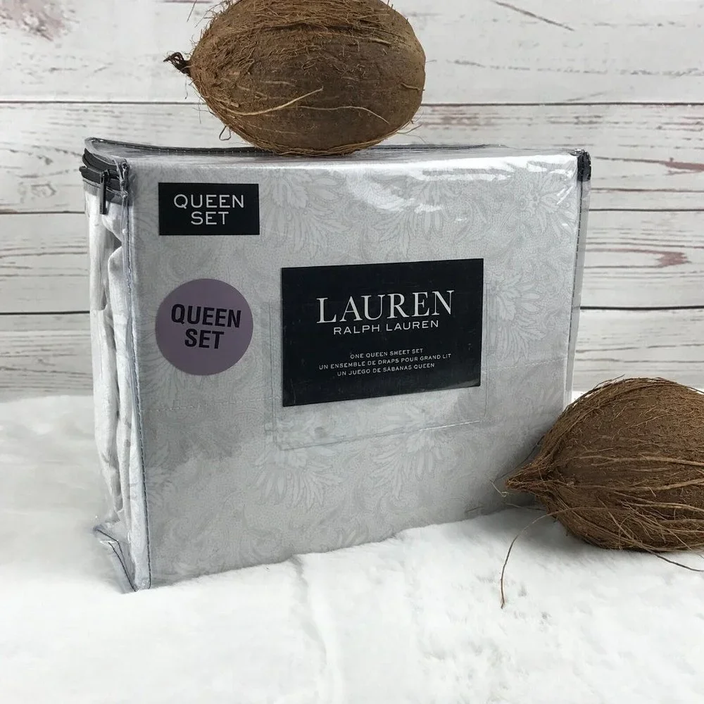 Lauren RALPH LAUREN (White/Pale Gray Floral) 100% Cotton QUEEN Sheet Set - Picture 3 of 5